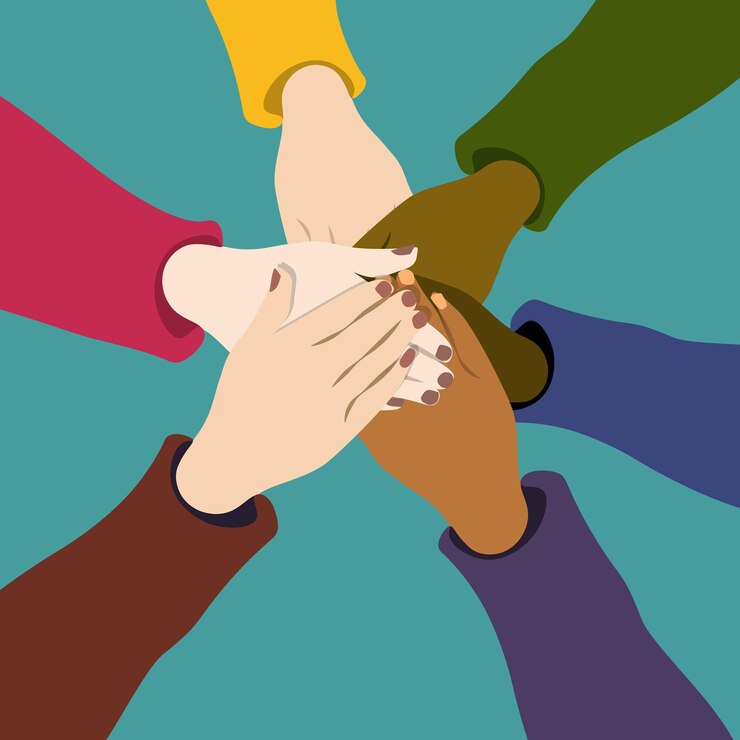 Vector business team with hands on top isolated on blue background