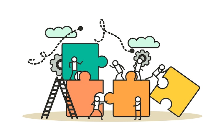 Vector business team work building puzzle concept vector illustration people partnership man and woman