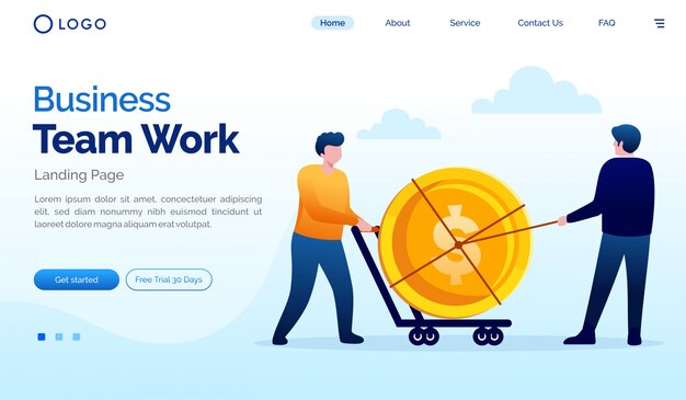 Business team work landing page flat vector template