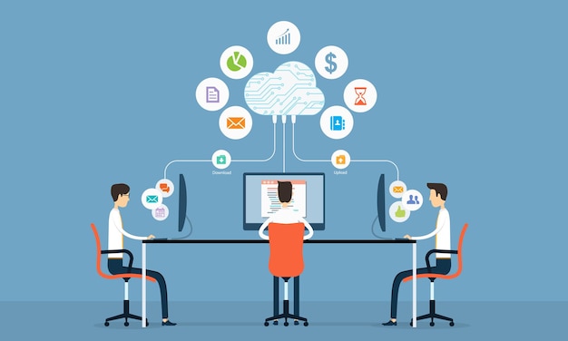 бизнес-команда, рабочее соединение с облачными вычислениями