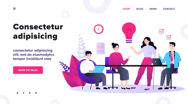 business team working together, brainstorming, discussing ideas for project. people meeting at desk in office.  illustration for co-working, teamwork, workspace concept