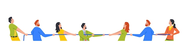 Business teams tug of war battle opposite groups pull rope during competition or rivalry colleagues characters fight