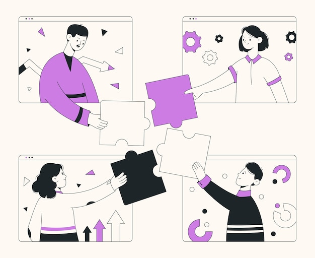 Business teamwork cooperation abstract characters team building concept vector symbols illustrations