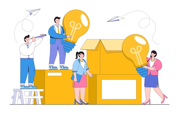 Business teamwork finding new solutions brainstorming concept packaging ideas in the form of light bulbs outline design minimal vector illustration for landing page infographics hero images