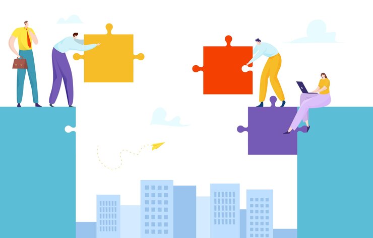 Vector business teamwork office colleague bridge puzzle people character together work company problem