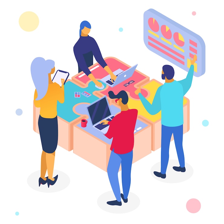 Vector business teamwork puzzle, isometric  illustration. people team character work at web  for success.  solution