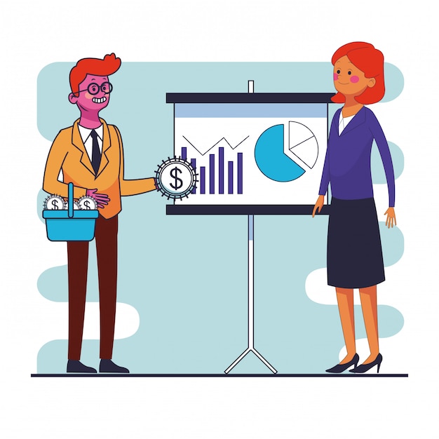 Vector business teamwork showing profits statisctics on whiteboard vector illustration graphic design