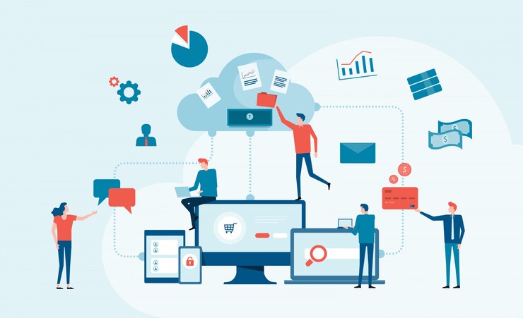 Vector business technology cloud computing service concept and with developer team working concept