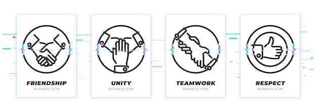 Business theme glitched black icons set. scalable vector objects on transparent background. modern distorted glitch style. handshake, teawork, assistance, like.