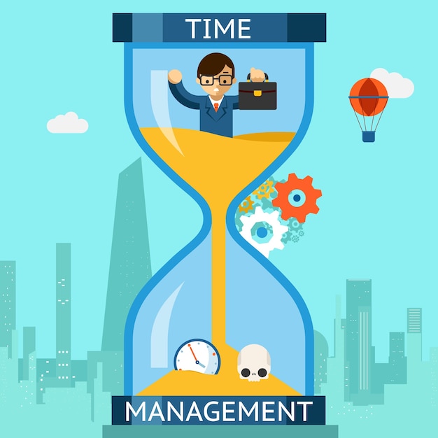 Business time management. businessman sinking in hourglass. finance clock, concept deadline. vector illustration