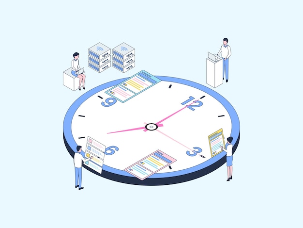 Vector business time management isometric illustration lineal color. suitable for mobile app, website, banner, diagrams, infographics, and other graphic assets.
