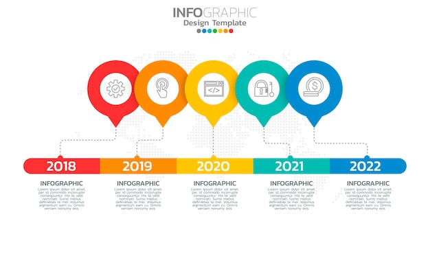 Elementi di infografica timeline aziendale con 5 opzioni o passaggi.