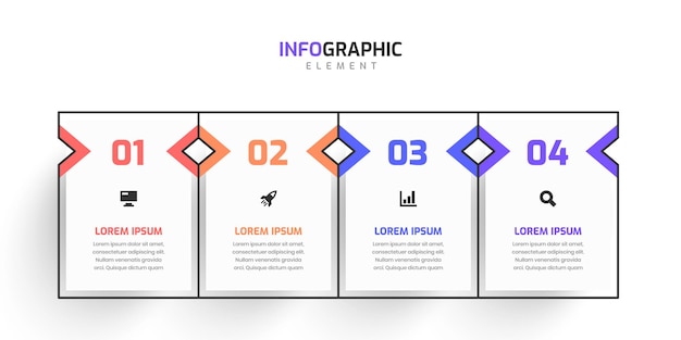 矢印の長方形のラベルアイコンと4つの番号とビジネスタイムラインのインフォグラフィックプレゼンテーションテンプレート