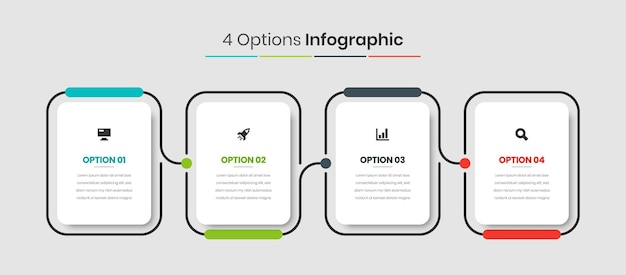 Шаблон инфографической презентации бизнес-хронологии с закругленными прямоугольными метками 4 варианта и значком