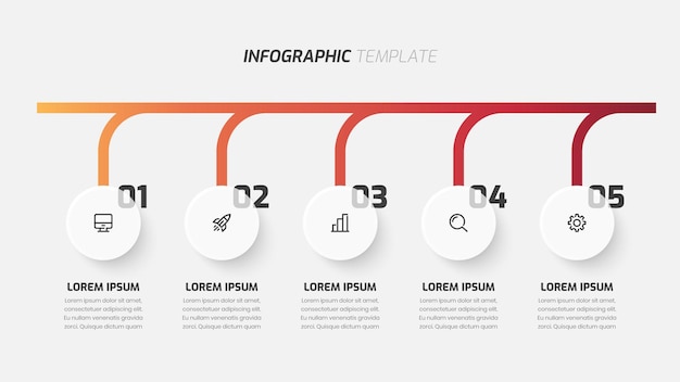 グラデーションカラーサークルラベル5番号とアイコンを使用したビジネスタイムラインのインフォグラフィックプレゼンテーション