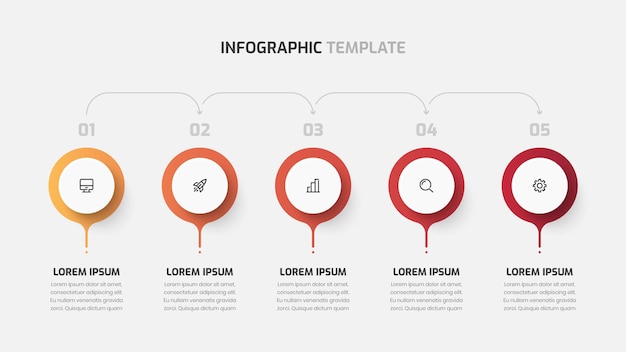 Presentazione infografica della sequenza temporale aziendale con numero e icona dell'etichetta del cerchio di colore sfumato 5