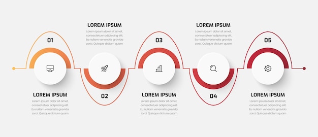 Presentazione infografica della sequenza temporale aziendale con opzione e icona dell'etichetta 5 del cerchio di colore sfumato