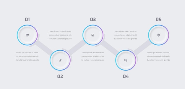 Presentazione infografica timeline aziendale con etichetta rettangolo colore sfumato 5 numero e icona