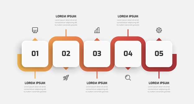 Business timeline infographic presentation with gradient color square label 5 number and icon