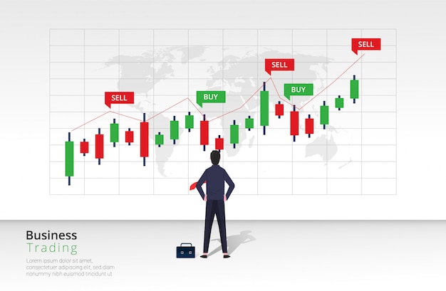 Vector business trading design concept. businessman character view and analyze bar chart investment.