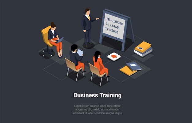 Vector business training and brainstorming coach speaking before audience mentor presents price assets reports employees meet at business training seminar or conference isometric 3d vector illustration