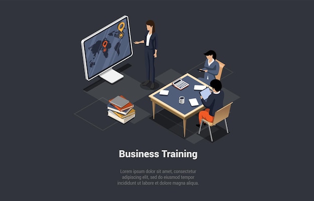 Business Training Or Brainstorming Woman Crypto Analyst Speaks Before Audience Mentor Presents Price Assets Reports Employees Meet at Business Training Course Isometric 3d Vector Illustration