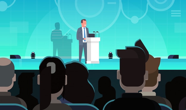 business training or coaching businessman leading presentation in front of businesspeople group trai