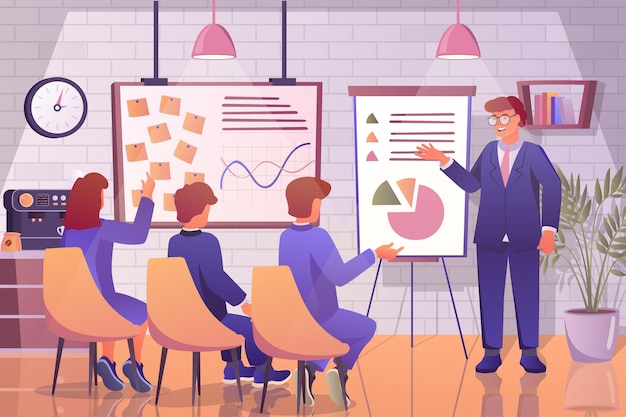 Business training concept in flat cartoon design coach making educational lecture or master class