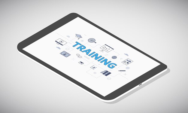 아이소메트릭 3d 스타일 벡터 일러스트와 함께 태블릿 화면에 비즈니스 교육 개념