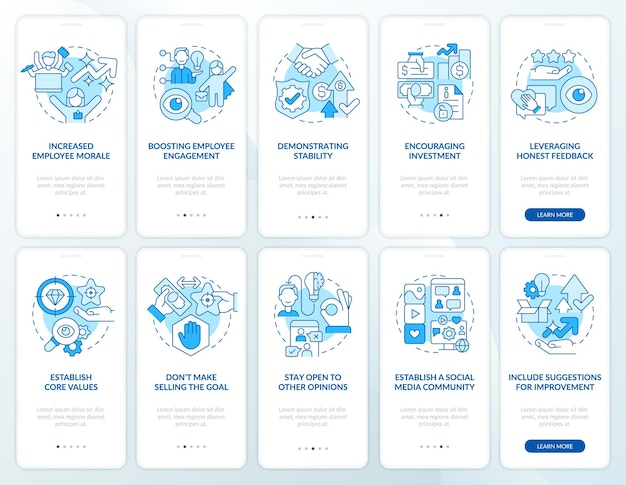 Business transparency blue onboarding mobile app screen set. openness walkthrough 5 steps graphic instructions pages with linear concepts. ui, ux, gui template. myriad pro-bold, regular fonts used