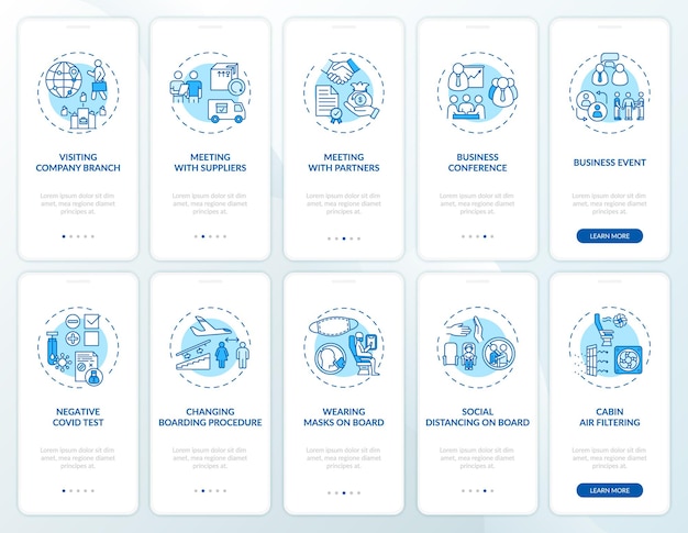 Business travel trends onboarding mobile app page screen with concepts