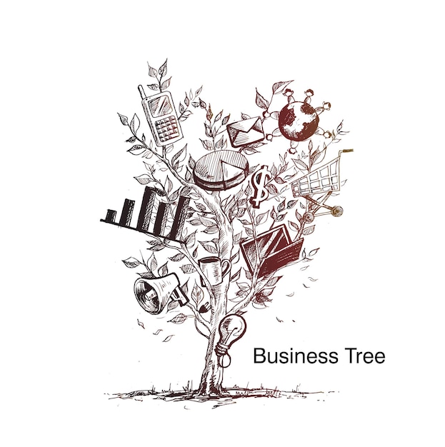 Vector business tree knowledge tree hand drawn sketch vector illustration