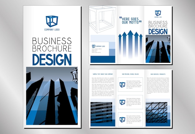 Business trifold brochure template with office buildings