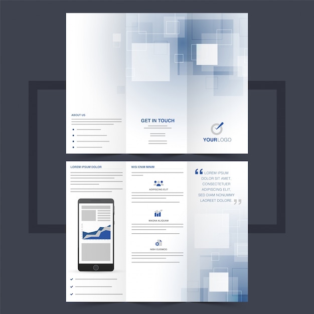 Vector business trifold leaflet or flyer design with squares.