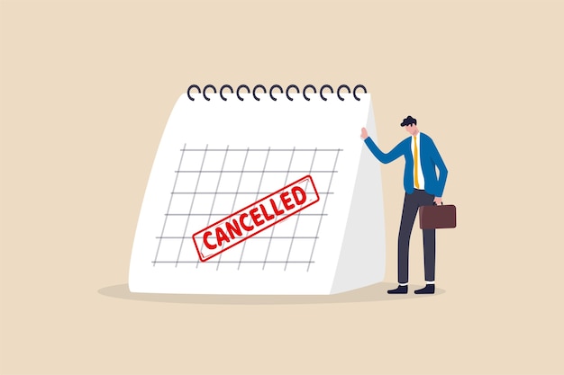 Vector business trip cancelled, marketing event, plan to launch new product postpone or cancelled due to covid-19 coronavirus pandemic concept, sad businessman standing with calendar with red cancelled stamp