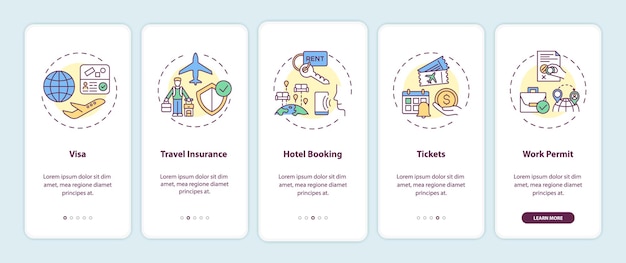 Business trip requirements onboarding mobile app page screens set