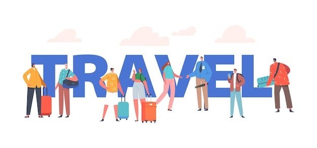 business trip travel concept people with suitcases wait registration in airport tourist characters with luggage traveler and passenger poster banner or flyer cartoon people vector illustration