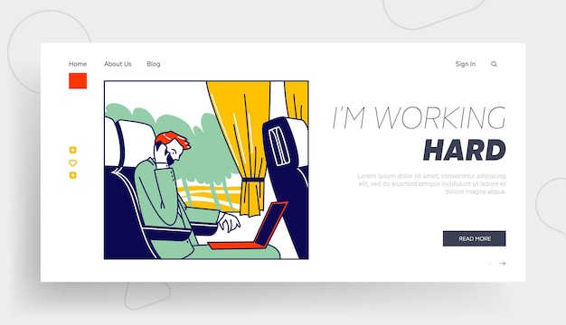 Business Trip, Working Transportation Landing Page Template. Businessman Character Sitting in Comfortable Bus Transport with Laptop Speaking by Smartphone Driving to Deal. Linear Vector Illustration