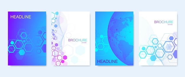 브로셔, 표지, 배너, 전단지, 연례 보고서, 전단지에 대한 비즈니스 벡터 템플릿. 분자 구조, 점, 선이 있는 추상 구성. 웨이브 플로우. 과학, 의학, 기술 배경입니다.