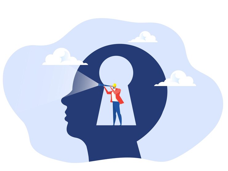 Vector business vision concept, businessman using telescope to look into the distance self-discovery ,