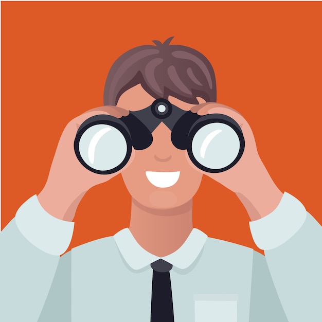 Business vision concept. man looking through binoculars and see charts