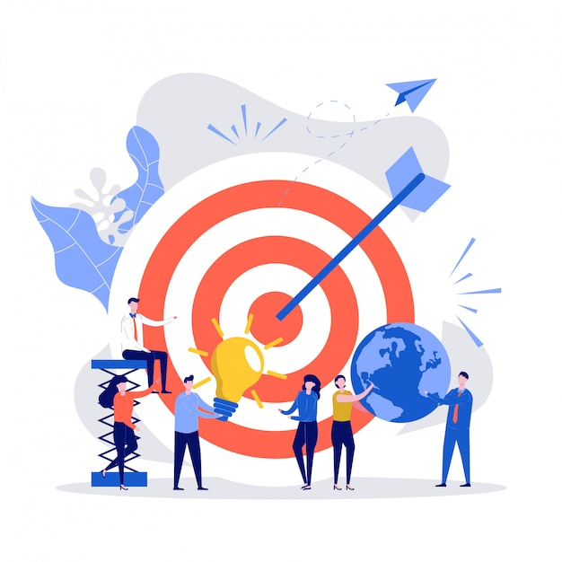 Business vision concept. people run to their goal with big target, teamwork, move up motivation, target achievement, successful contract teamwork.