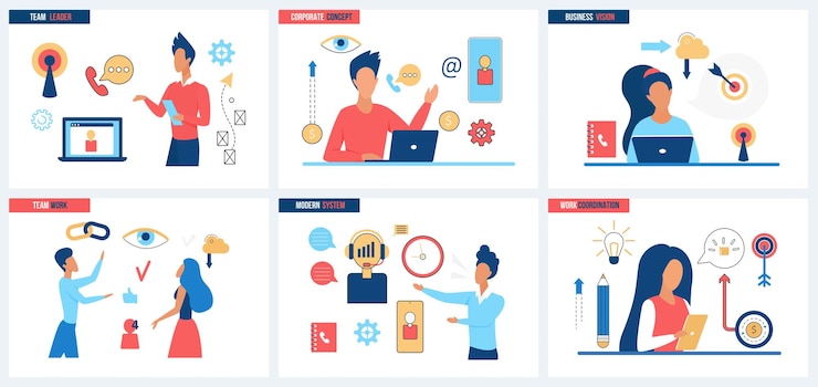 Vector business vision of corporate leader teamwork and coordination of modern systems set