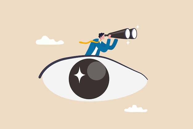 Vector business vision eye looking for opportunity or discover success idea leadership visionary look forward for future search for success concept businessman look through binoculars from his big eye