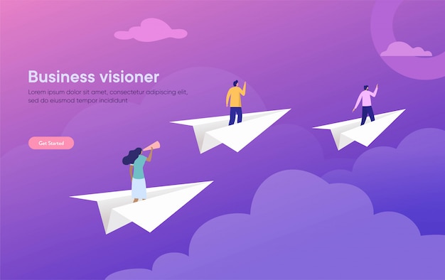 Business vision  illustration , flat character standing on paper plane with binocular, people achieving goal 