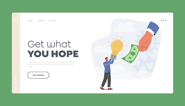 Business vision insight investment motivation landing page template бизнесмен продает идею мультфильм векторные иллюстрации