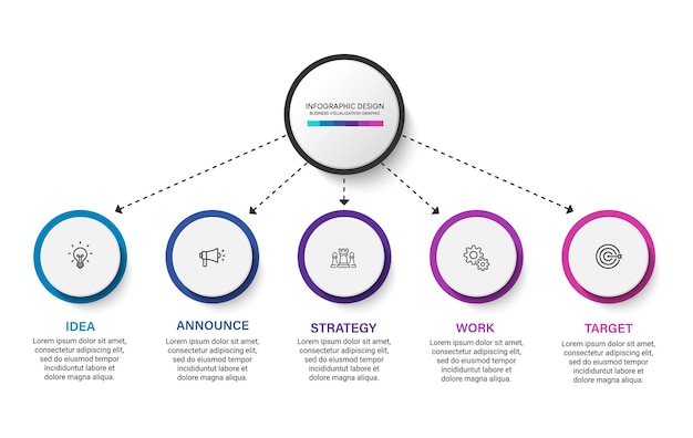 Шаблон инфографического дизайна бизнес-визуализации с вариантами, шагами или процессами. Может использоваться для