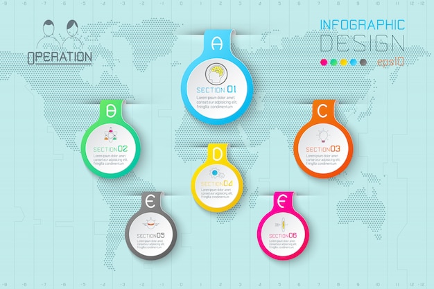 Business water drop labels shape infographic on world map.