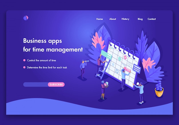 Business website template bright . Isometric concept of people's work on Business apps for time management. Easy to edit and customize