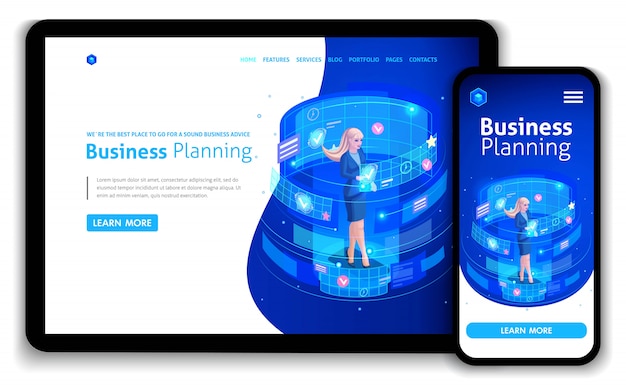 Vector business website template . isometric concept businessmen work, augmented reality, time management, business planning. easy to edit and customize, responsive